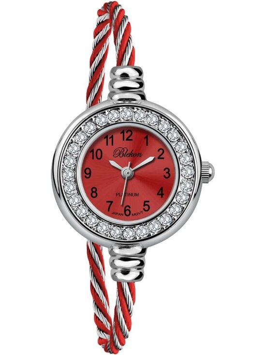 Women\'s Silver And Red Analog Cable Cuff Arabic Number Rhinestone Bracelet Watch